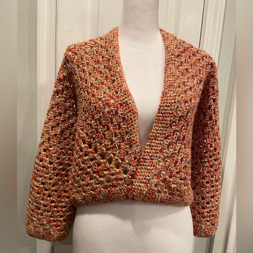 Handmade Crochet Cropped OS Hexagon Granny Square Open Cardigan Sweater Cotton